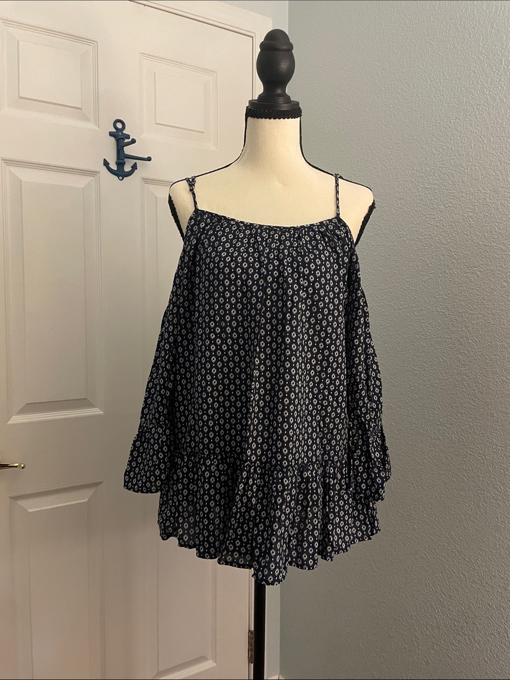 Women’s Navy Blue Patterned Off-Shoulder Top